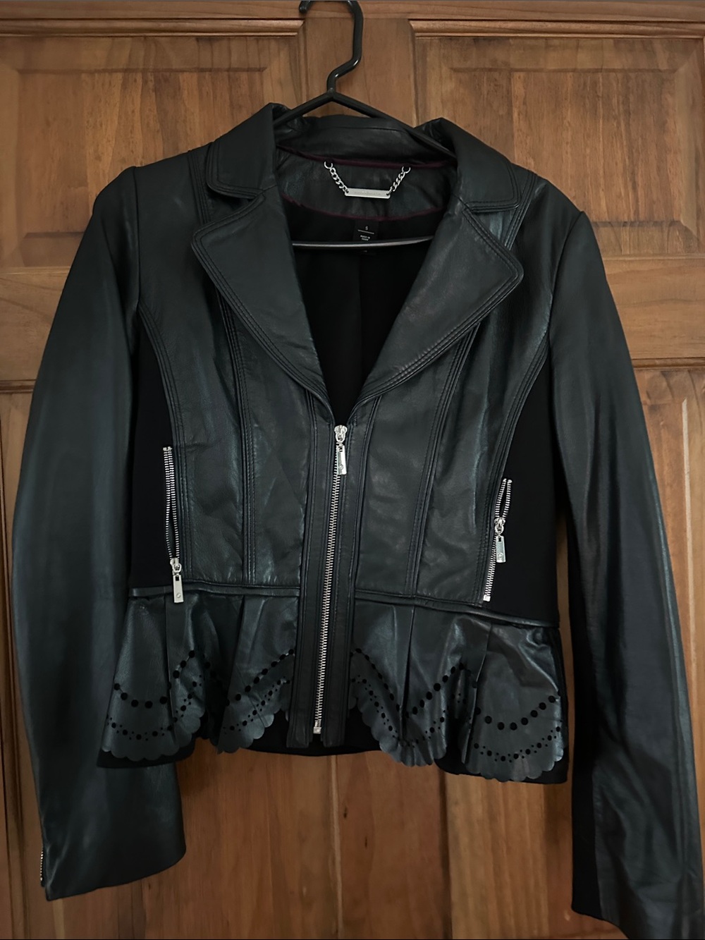 White House Black Market Black Genuine Leather Peplum Zip Front Jacket
